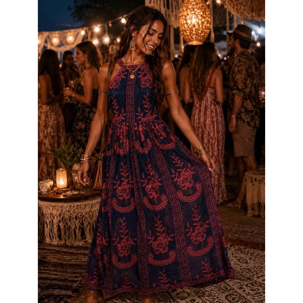 Altar'd State Navy and Burgundy Halter Maxi Dress Embroidery Design Neck Size SM